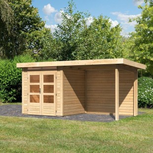 Casetta in legno Kanden 1 nel set con il tetto sul tetto di 2,35 m di larghezza e una parete posteriore da 28 mm - naturale