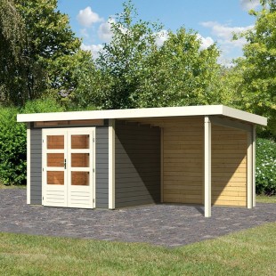 Casetta in legno Kanden 3 nel set con il tetto di 2,35 m di larghezza e una parete posteriore da 28 mm - grigio terra