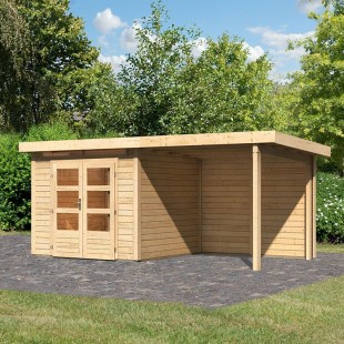 Casetta in legno Kanden 3 nel set con il tetto di 2,35 m di larghezza e una parete posteriore da 28 mm - naturale