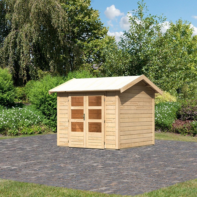 Casetta da giardino prefabbricata Karben 03 incl. estensione tetto, legno  grezzo - spessore 18 mm, SU: 6,55 m², tetto a capanna