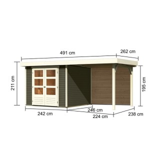 9145 Casetta in legno Askola 3.5 con tettoia 2,40 m e parete color Grigio Terra - Regno del Legno - 4485