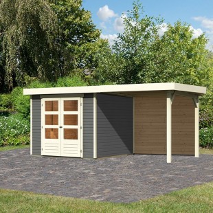 Casetta in legno Askola 3.5 nel set con un tetto del compartimento largo 2,40 m e una parete posteriore da 19 mm - grigio terra
